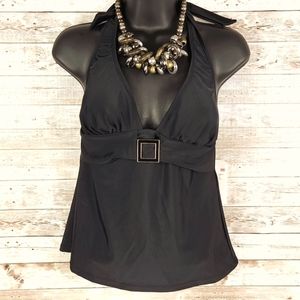 NWT, Jaclyn Smith, Women's 6 Halter Tie Tankini Swim Top Blk with buckle detail